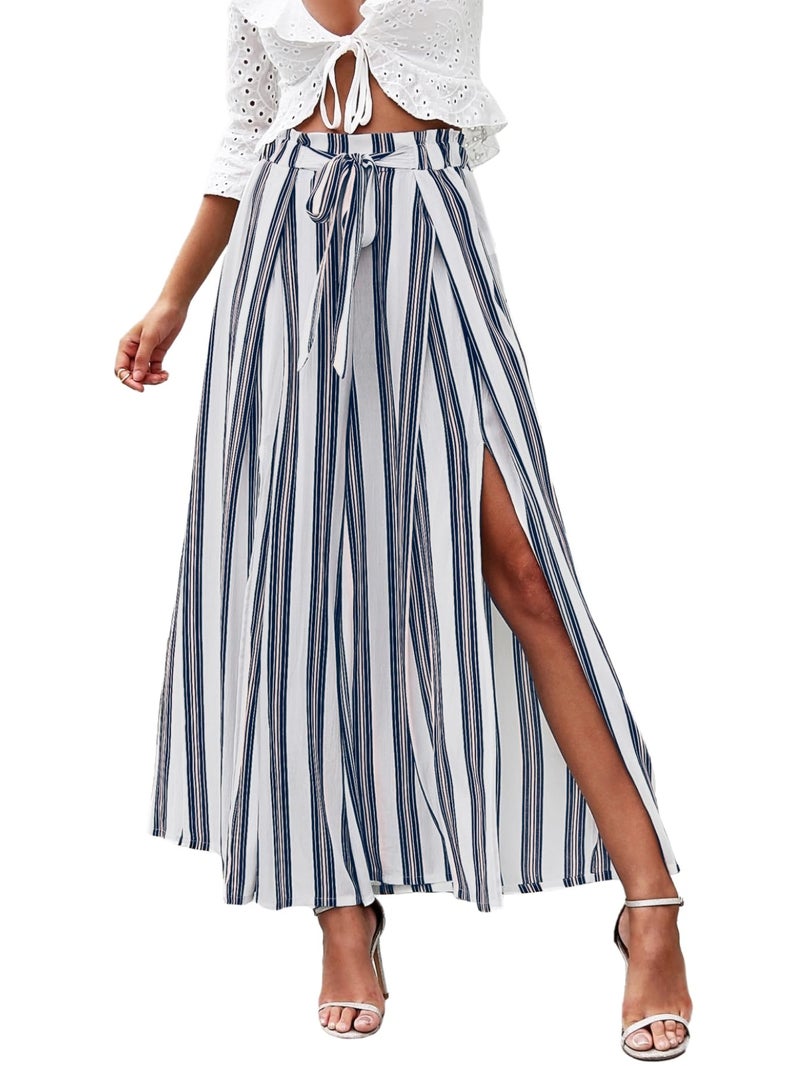 Simplee Apparel Simplee Women's Elegant Striped Split High Waisted Belted Flowy Wide Leg Pants, White Stripe, 4/6, Small - Image 1